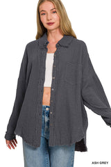 `Oversized Raw Edge Shirt W/ Back Patch Zenana: ASHGREY-149498 / XL