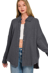 `Oversized Raw Edge Shirt W/ Back Patch Zenana: ASHGREY-149498 / S