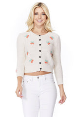 Cherry Crochet Pom Pom Cropped Cardigan Sweater MK3515: Oatmeal/Orange / M