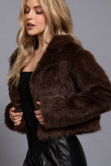 Long Sleeve Notched Collar Faux Fur Cropped Jacket: PNK-mauve / S
