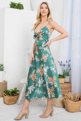 Green Floral Print Dress with thigh side split