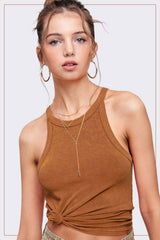HBT7642-Mineral Washed Stretchy Ribbed Halter Neck Tank Top: Royal / L
