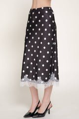 Mid Rise lace Trim Dot Print Satin Midi Skirt: BRN-brown/white / S