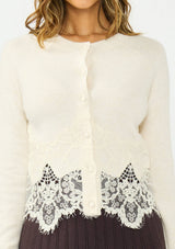 Lace Trim Button Front Cardigan: BLACK / S