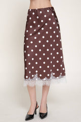 Mid Rise lace Trim Dot Print Satin Midi Skirt: BLK-black/white / L