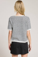Striped Short Sleeve Button Cardigan: Black / L