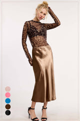 JBP4222-High-Waisted Midi Length Satin Effect Solid Skirt: Brown / L