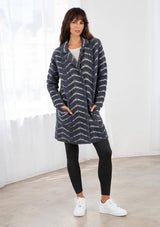 Fuzzy Chevron Jacquard Button Front Cardigan: Cream/Black / M