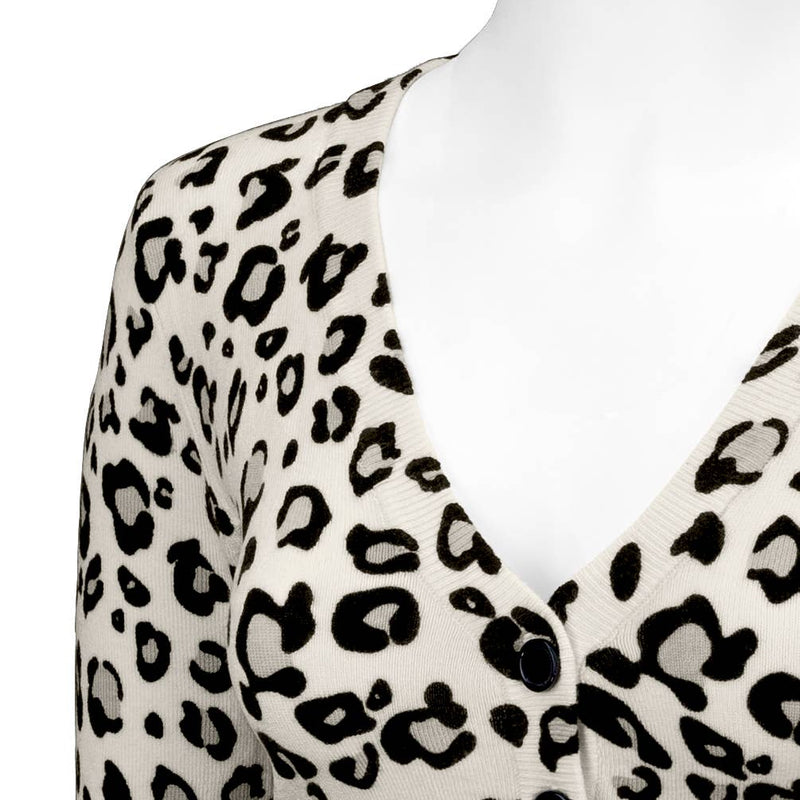 Leopard 3/4 Sleeve V-Neck Buttoned Sweater Cardigan CO078LEO: IVORY/GREY / XL