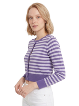 3/4 Sleeve Crewneck Striped Sweater Cardigan MK3521: RED/IVORY / L