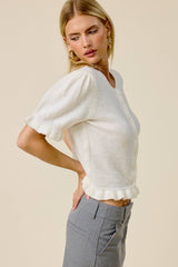 Puff Sleeve Ruffle Hem Knit Cardigan: Rust Brown / L