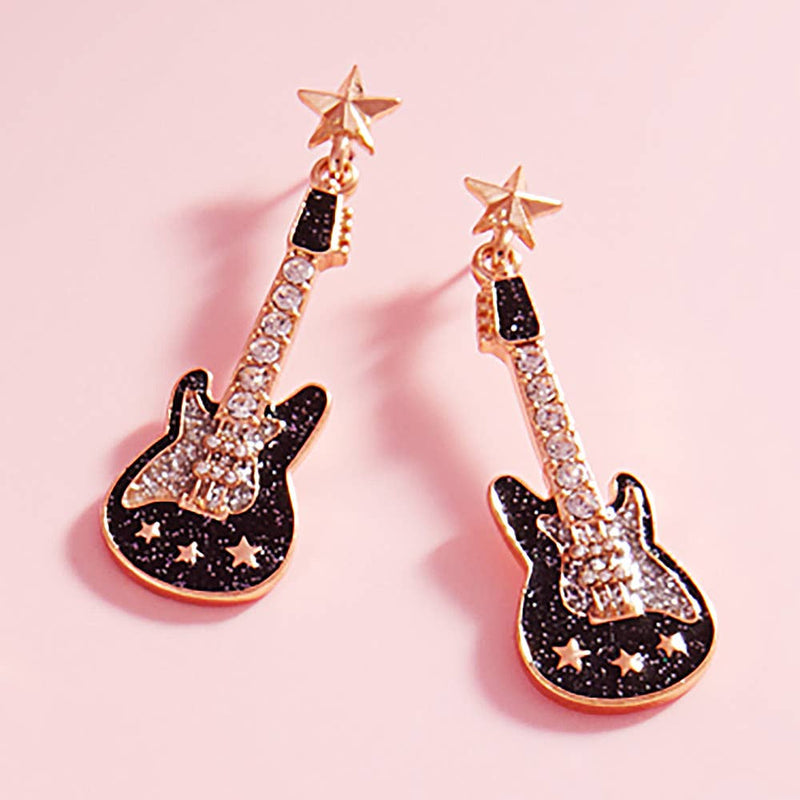 Stone Embellished Glittered Enamel Guitar Dangle Earrings
: White
