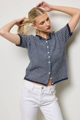 Striped Short Sleeve Button Cardigan: Black / L