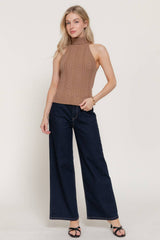 Sleeveless Turtle Neck Front Cable Sweater: BLK-black / L