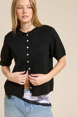 Short Sleeve Button Down Cardigan Top: Black / S