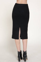 Pencil Midi Sweater Skirt with Back Slit: BLK-black / L