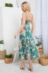 Green Floral Print Dress with thigh side split
