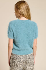 Fuzzy Knit Cropped Short Sleeve Sweater: Wine / L