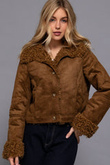 Long Sleeve Inside Fur Detail Penny Lane Suede Short Jacket: IVY-cream / S