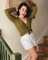 Lace Pattern V-Neck Scallop Hem Button Down Cardigan MK3659: SAGE / M