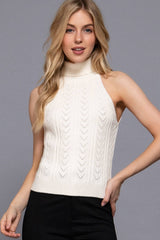 Sleeveless Turtle Neck Front Cable Sweater: BLK-black / S