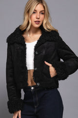 Long Sleeve Inside Fur Detail Penny Lane Suede Short Jacket: BLK-black / L