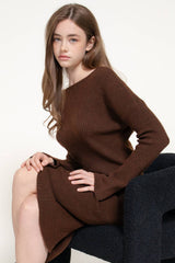 Bell Sleeve Wide Boat Neck Sweater: BRN-caramel brown / S