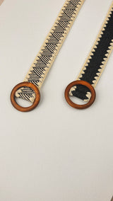 Whipstitch Raffia Belt with Wooden Round Buckle: Black/Ivory/Brown