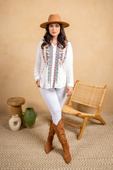 Viscose Split Collar Embroidered Pull-Over Shirt 5109-MAT : White / M
