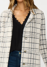 Plaid Notched Collar Button Front Cardigan: Cream/Black / S