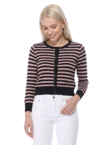 3/4 Sleeve Crewneck Striped Sweater Cardigan MK3521: RED/IVORY / L