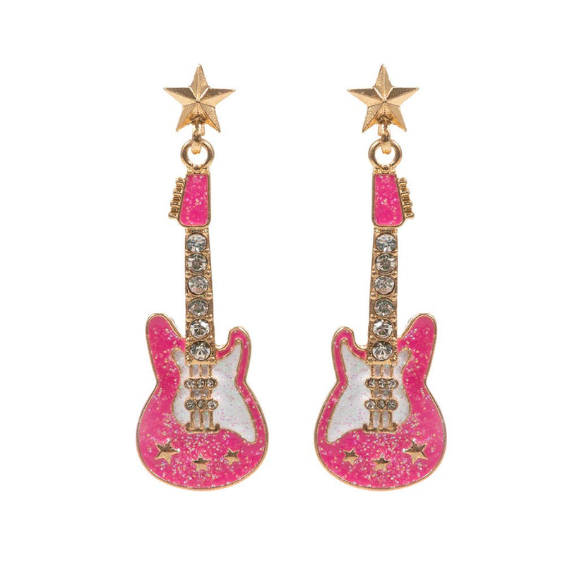 Stone Embellished Glittered Enamel Guitar Dangle Earrings
: White