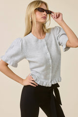 Puff Sleeve Ruffle Hem Knit Cardigan: Rust Brown / M