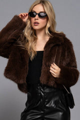 Notched Collar Faux Fur Crop Jacket: GRY-grey-171080 / S