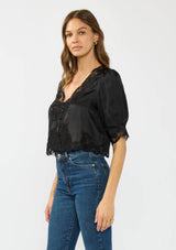 V-Neck Button Front Blouse with Lace Trim: CHAMPAGNE/BLACK / M
