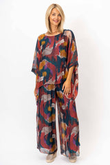 Women Printed Silk Kaftan: Burgundy