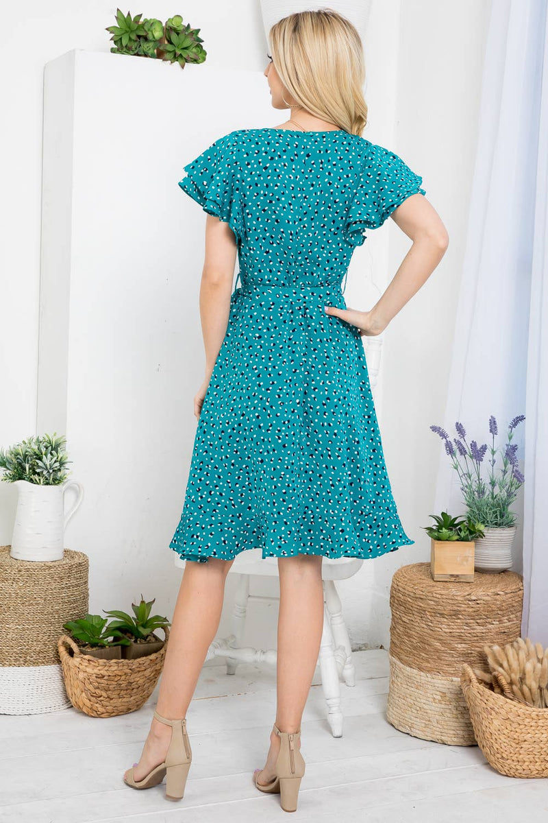 Flurries of dots Print Faux  Wrap Dress in Teal Blue