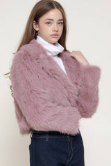 Long Sleeve Notched Collar Faux Fur Cropped Jacket: PNK-mauve / S