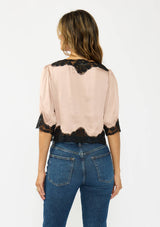 V-Neck Button Front Blouse with Lace Trim: BLACK/ BLACK / M