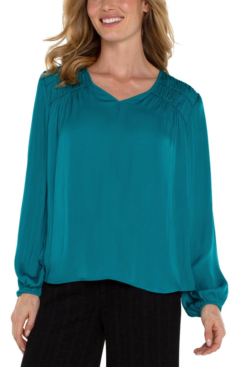 Long Sleeve V-neck Woven Blouse