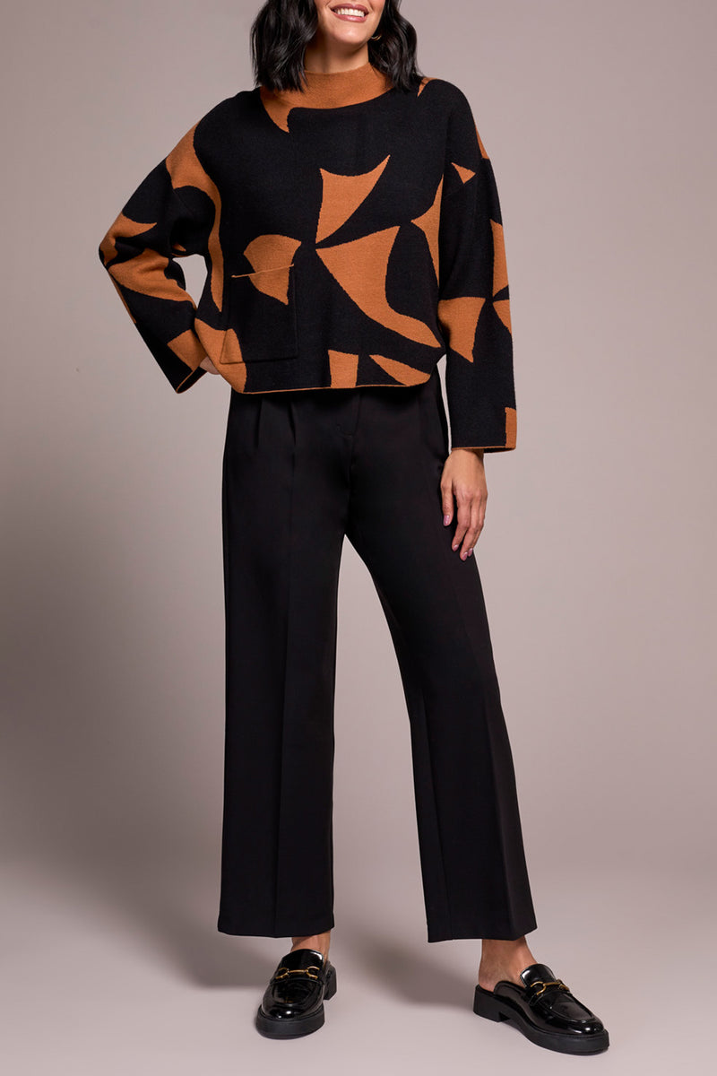 OVERSIZED MOCK NECK ABSTRACT PRINT SWEATER