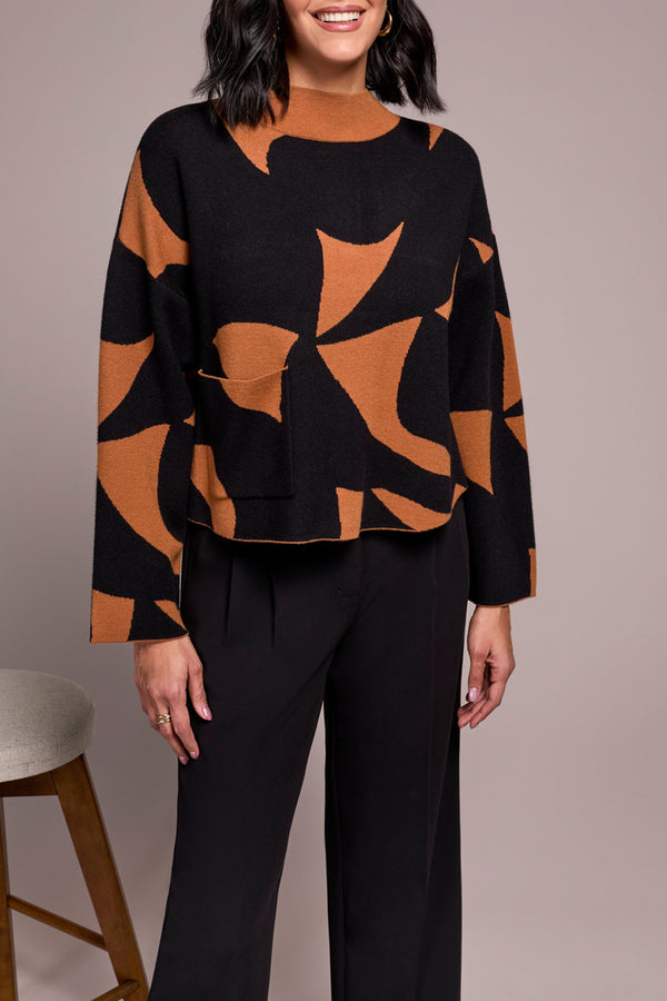 OVERSIZED MOCK NECK ABSTRACT PRINT SWEATER