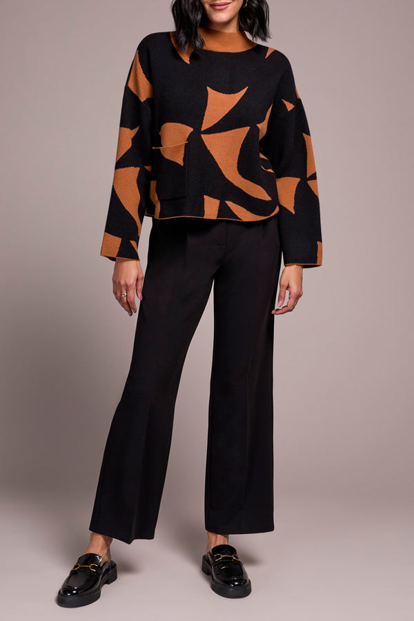 OVERSIZED MOCK NECK ABSTRACT PRINT SWEATER