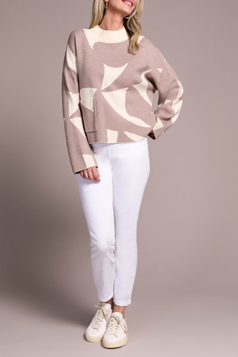 OVERSIZED MOCK NECK ABSTRACT PRINT SWEATER