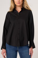 Adjustable Sleeve Button Front Woven Top