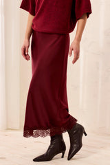 SATIN EFFECT MIDI SKIRT WITH LACE TRIM HEM