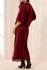 SATIN EFFECT MIDI SKIRT WITH LACE TRIM HEM