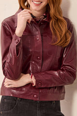 LINED FAUX LEATHER BUTTON FRONT JACKET