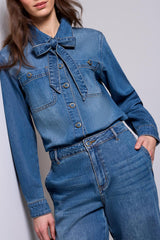 BLUE THREAD SELF-TIE BOW BUTTON FRONT DENIM BLOUSE