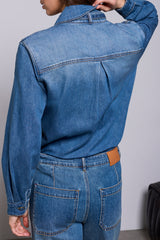 BLUE THREAD SELF-TIE BOW BUTTON FRONT DENIM BLOUSE